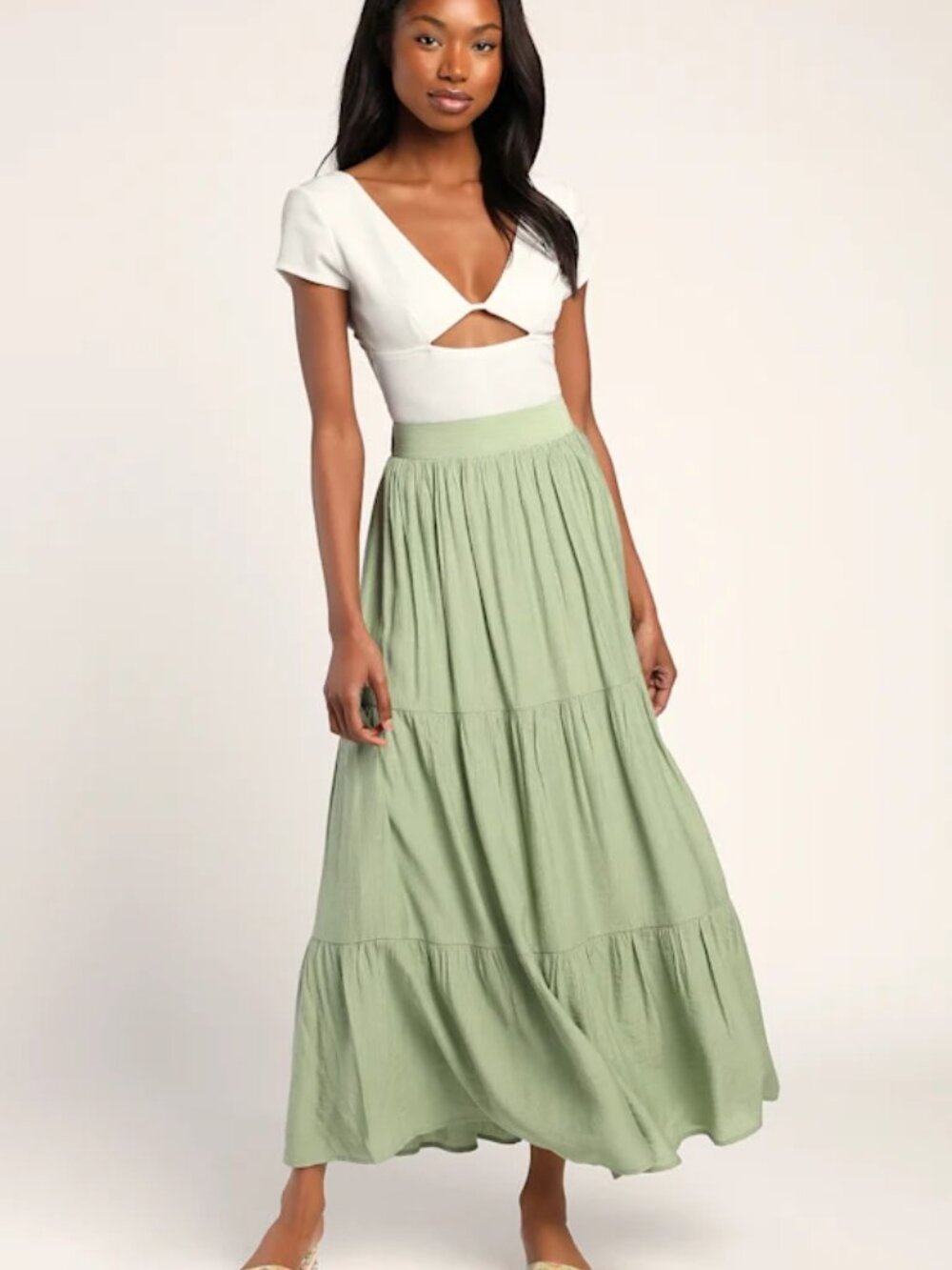 Lulus - Tier and Dear Sage Green Tiered Maxi Skirt XS